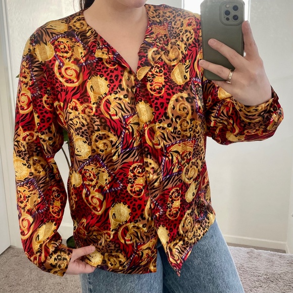 Sun Leopard Cheetah Paisley Hipster Vintage Hippie Artsy Boho Button Hip Blouse - Picture 1 of 8